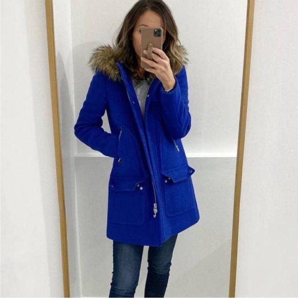 J. Crew Chateau Italian Stadium Cloth Wool Fur Parka Regal Brunswick Blue Size 2 - Picture 4 of 16